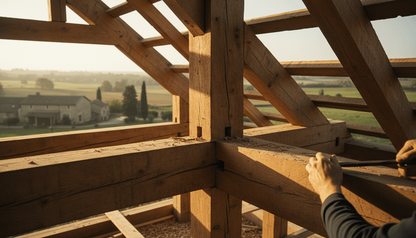 Charpente traditionnelle en cours de construction avec joints de bois expertement réalisés à la lumière du matin