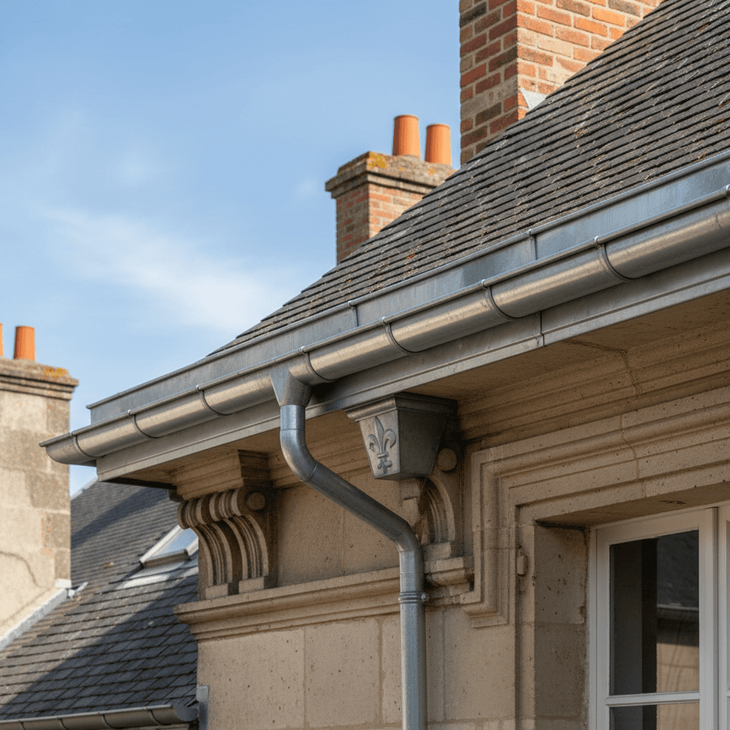 Expert zinc gutters and downspouts installation on a French rooftop