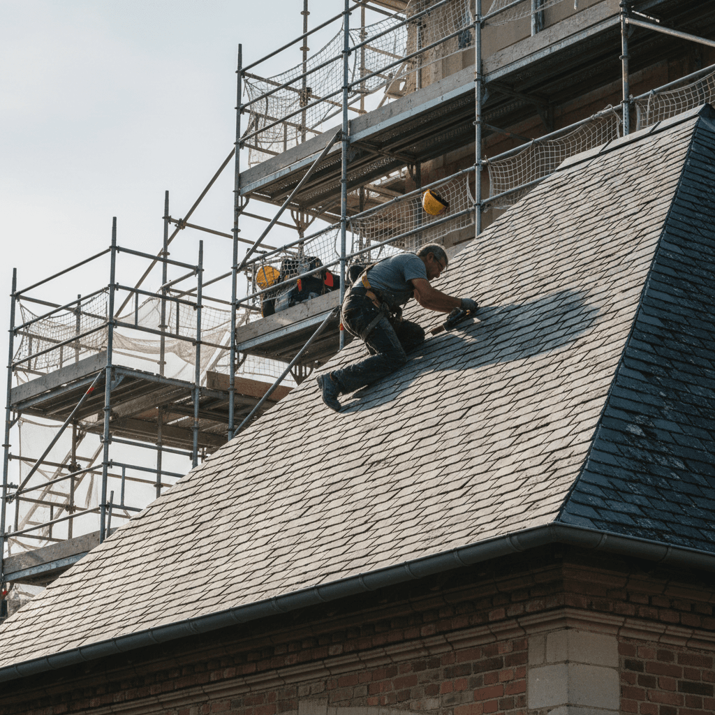 A dramatic documentary aesthetic wide shot of a sloped roof during renovation work