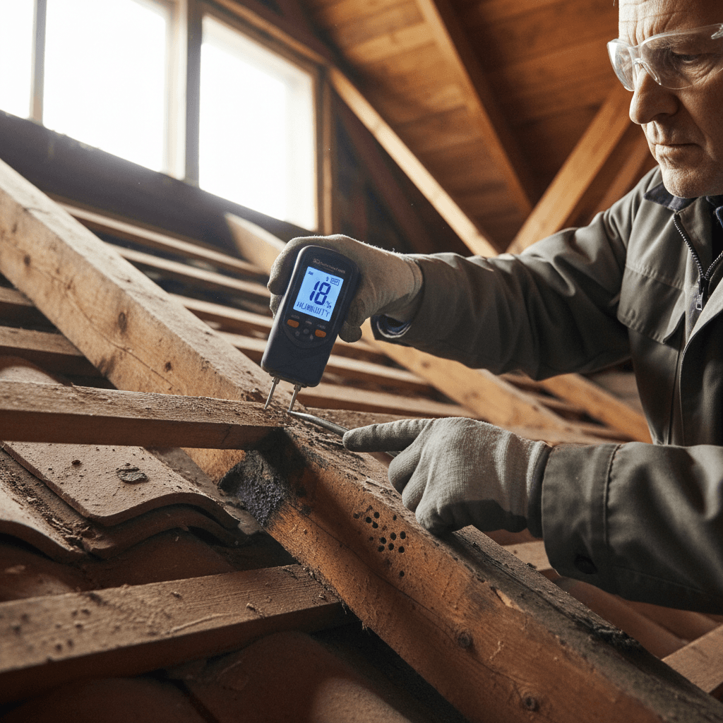 An editorial documentary aesthetic close-up shot of an experienced craftsman examining roof condition details.