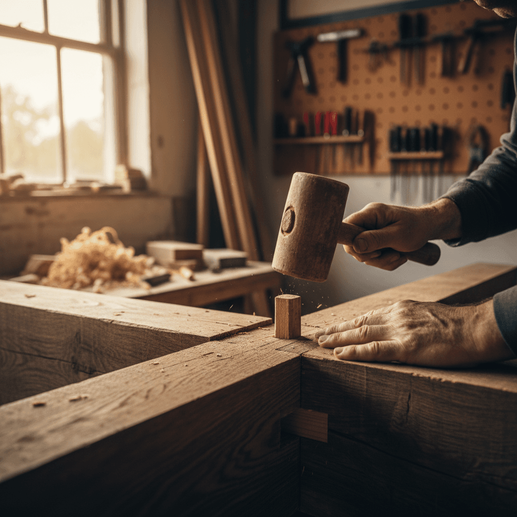 Assemblage détaillé de charpente traditionnelle en bois massif avec travail artisanal de menuiserie