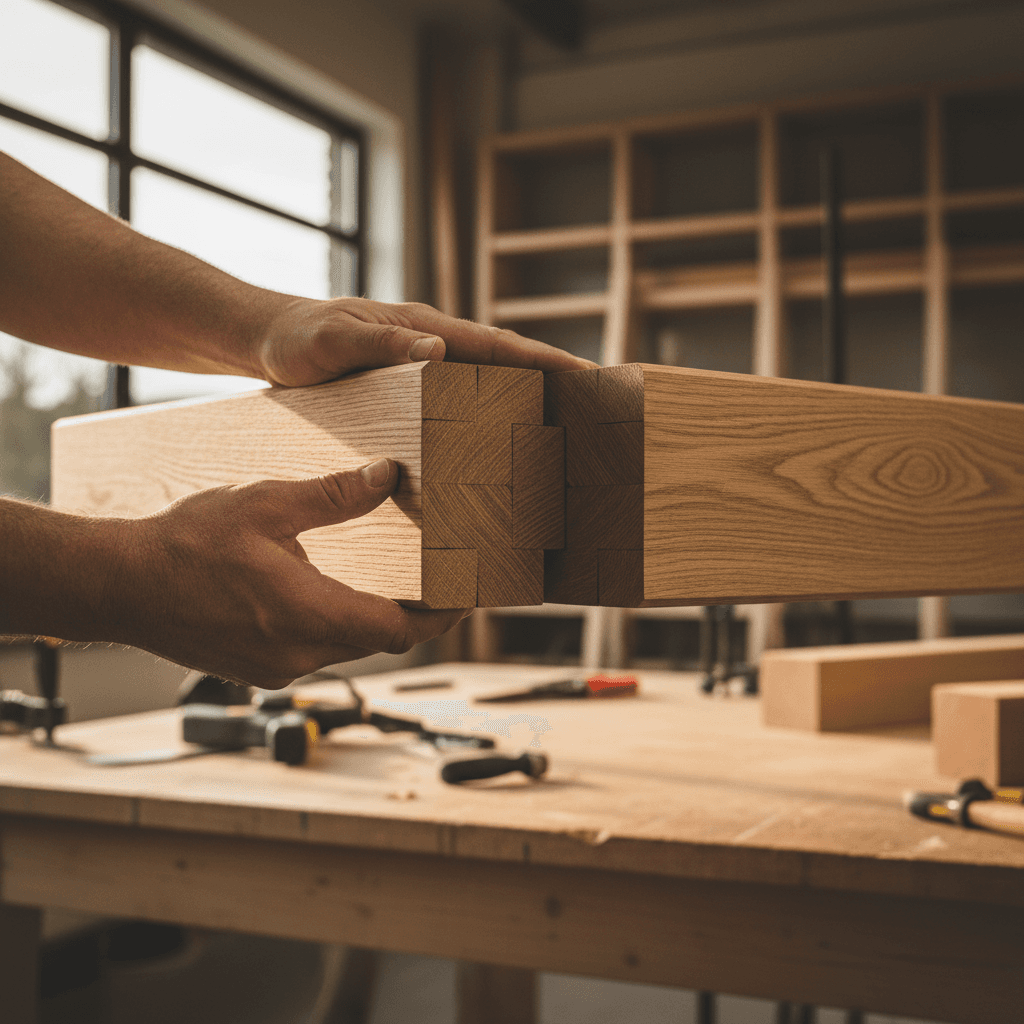 Close-up of carpenter's hands expertly joining timber beams with traditional joinery in bright natural light