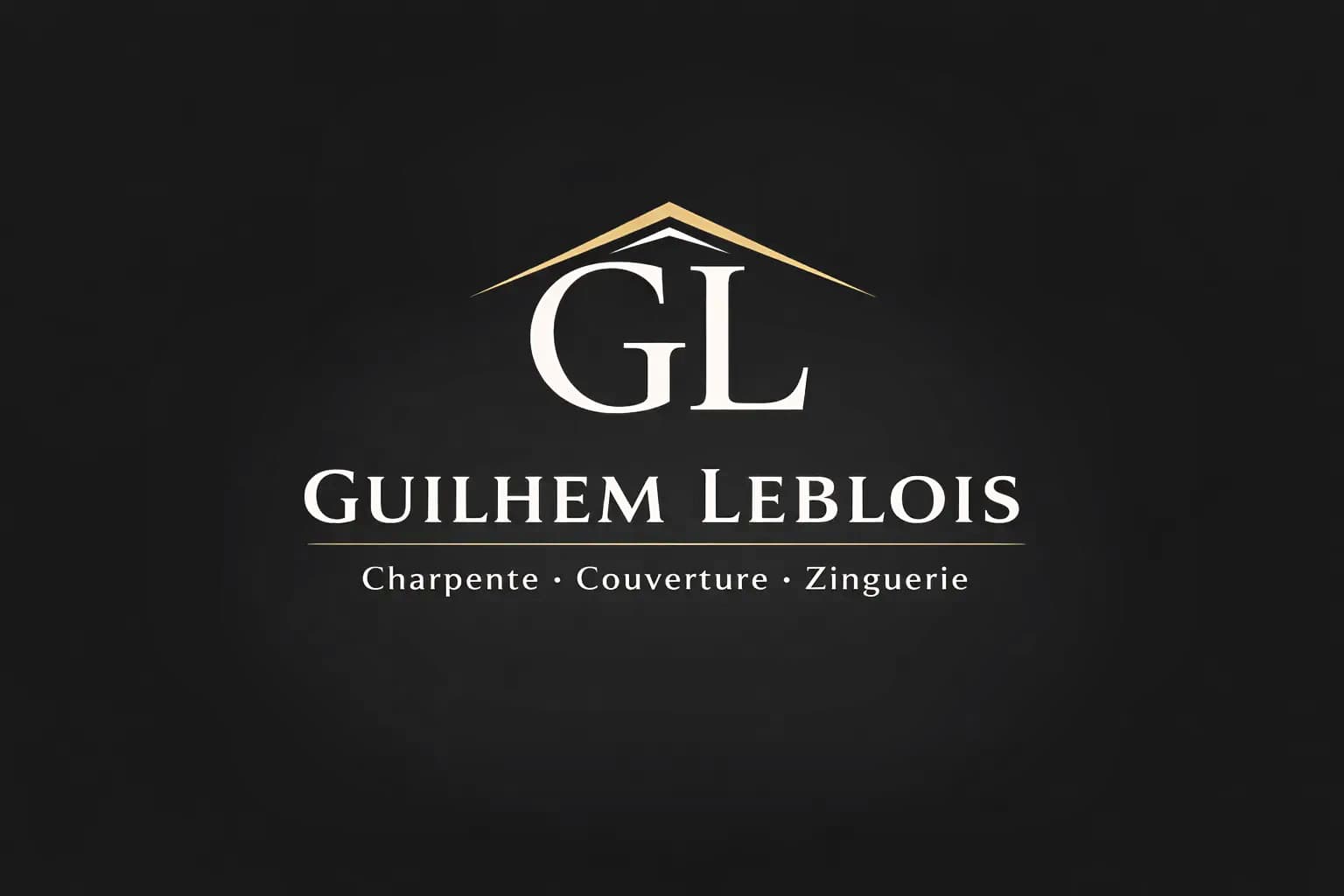 Logo Guilhem Leblois, charpente, couverture, zinguerie, avec initiales GL et toit doré sur fond noir.